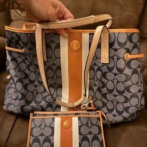 Coach Blue and Tan Signature Tote with Wristlet